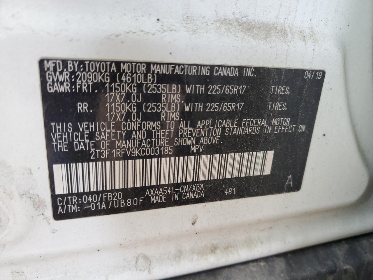 2T3F1RFV9KC003185 2019 Toyota Rav4 Le