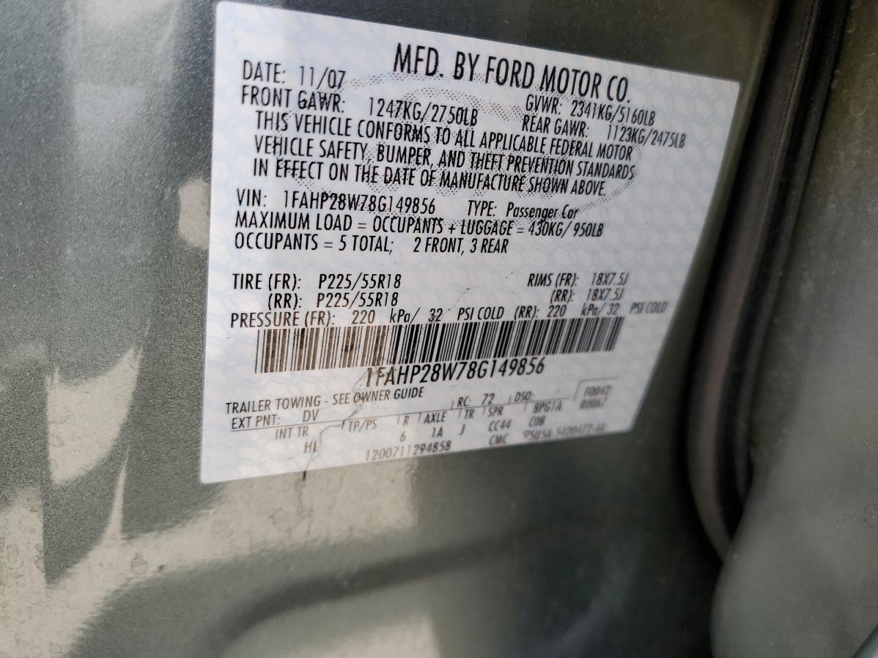 1FAHP28W78G149856 2008 Ford Taurus Limited