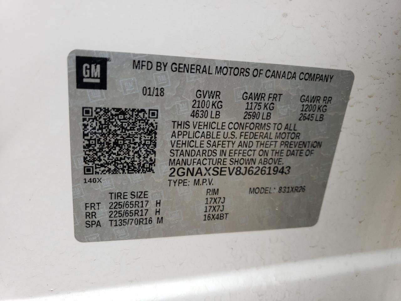 2GNAXSEV8J6261943 2018 Chevrolet Equinox Lt