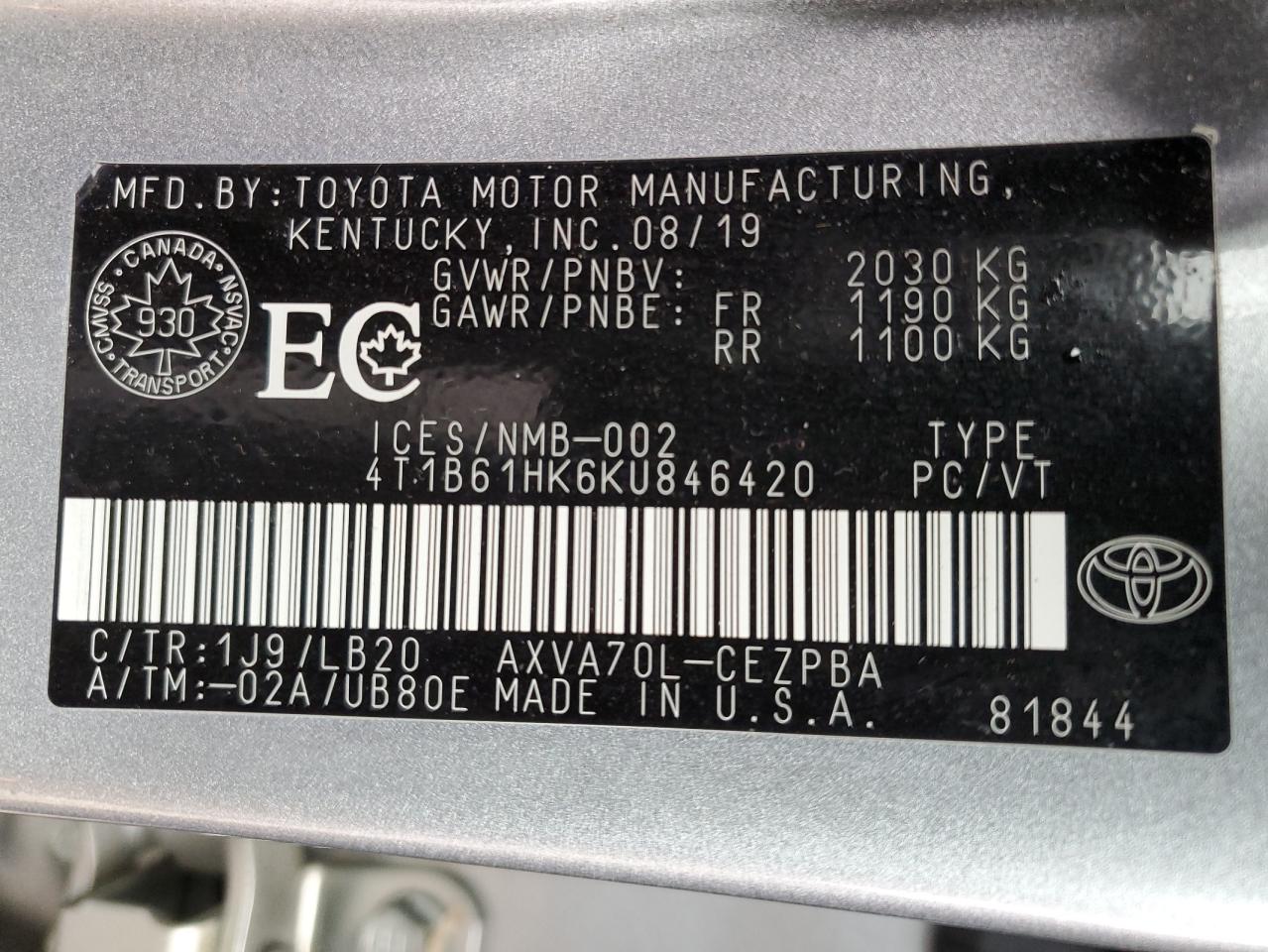 4T1B61HK6KU846420 2019 Toyota Camry Xse