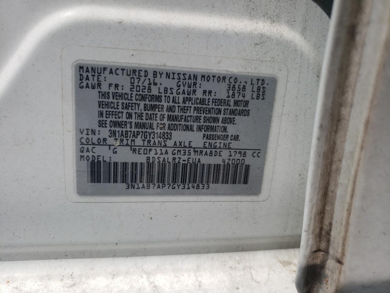 3N1AB7AP7GY314833 2016 Nissan Sentra S