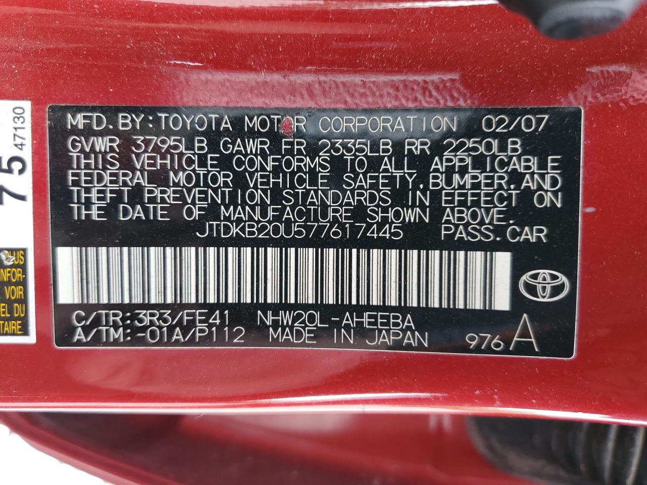 JTDKB20U577617445 2007 Toyota Prius