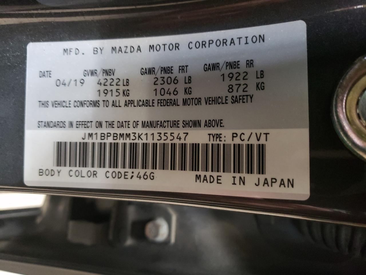JM1BPBMM3K1135547 2019 Mazda 3 Preferred