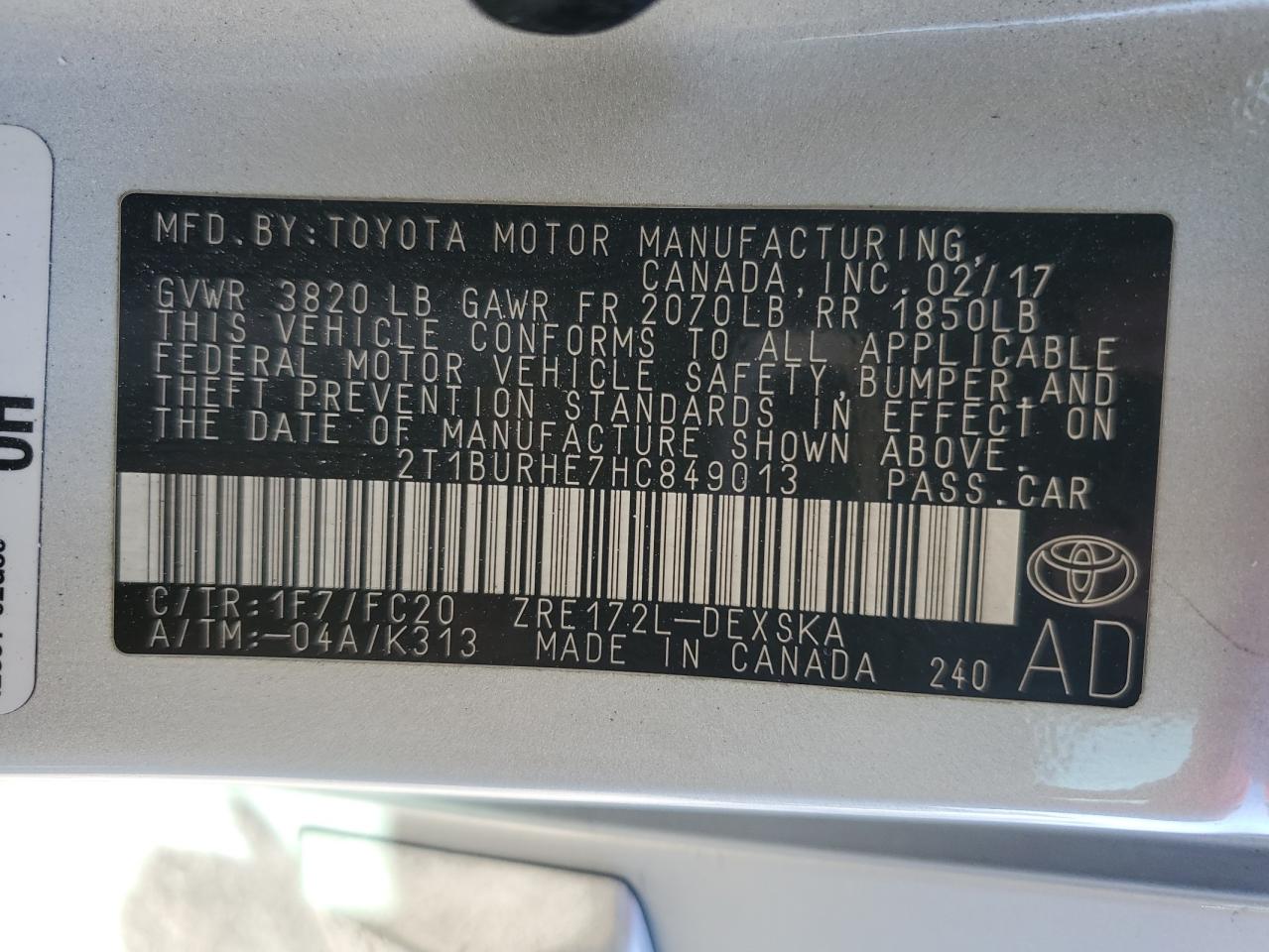 2T1BURHE7HC849013 2017 Toyota Corolla L