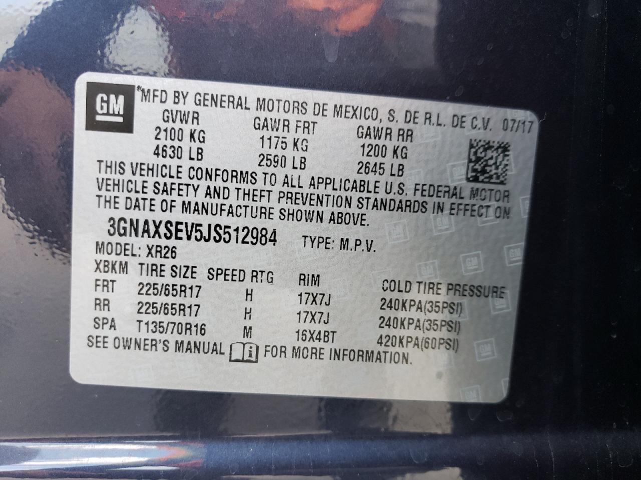 3GNAXSEV5JS512984 2018 Chevrolet Equinox Lt