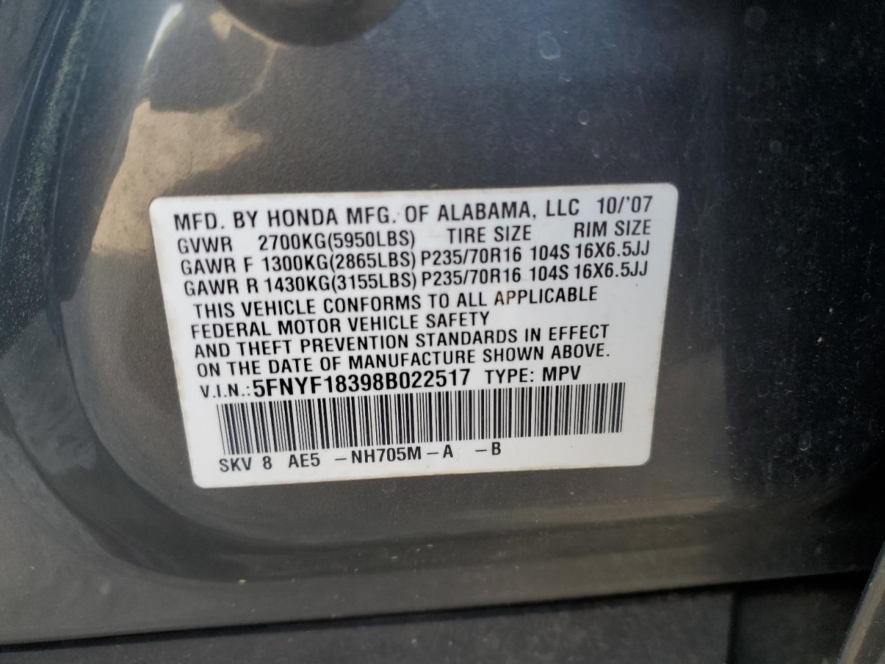 5FNYF18398B022517 2008 Honda Pilot Se