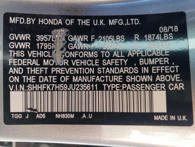 2018 Honda Civic Ex VIN: SHHFK7H59JU235611 Lot: 50316254