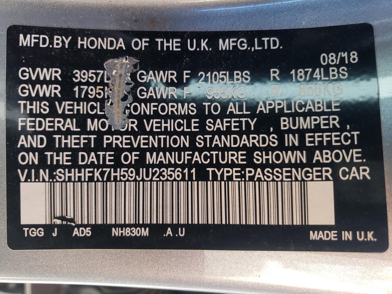 SHHFK7H59JU235611 2018 Honda Civic Ex