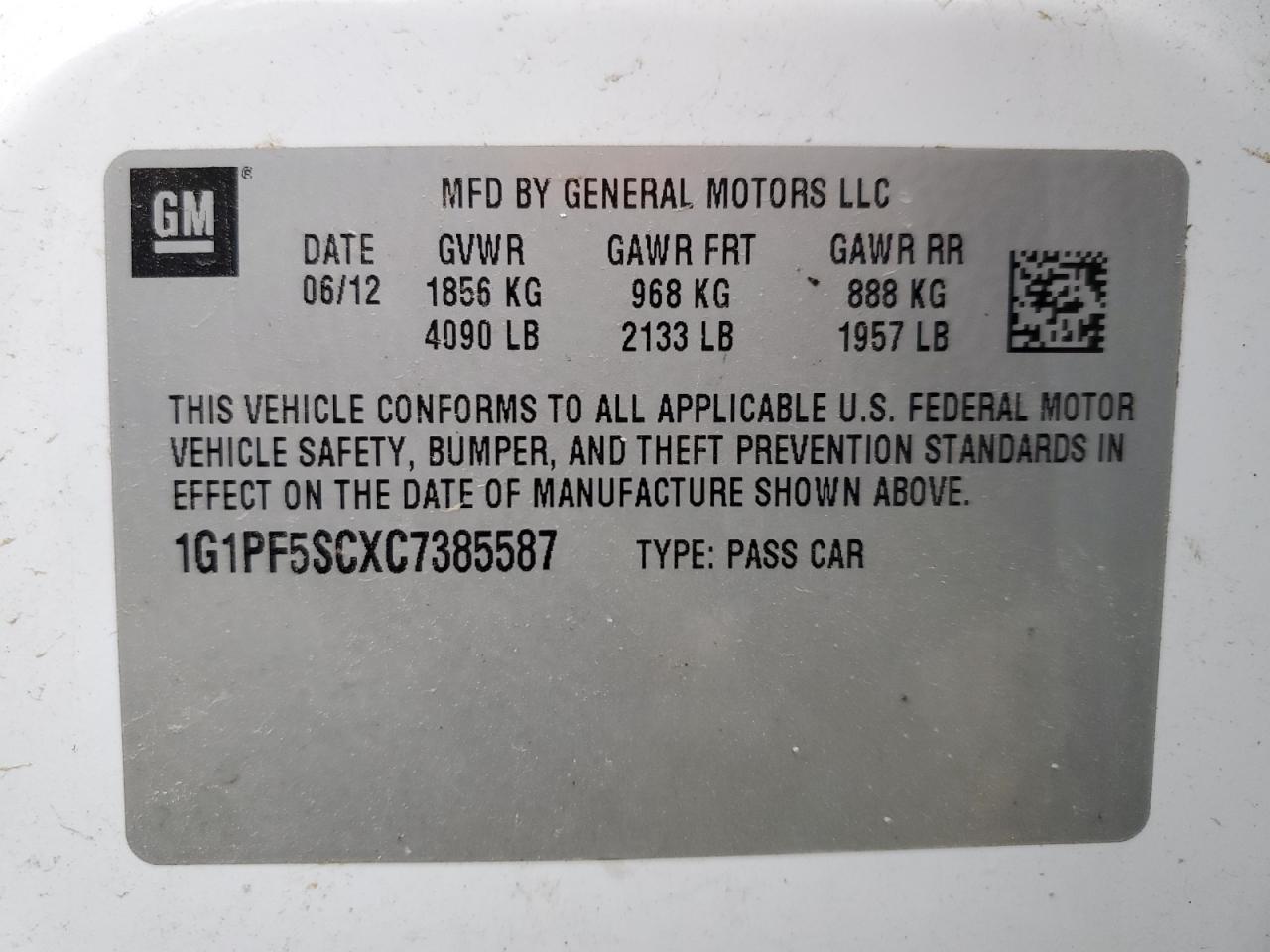 1G1PF5SCXC7385587 2012 Chevrolet Cruze Lt