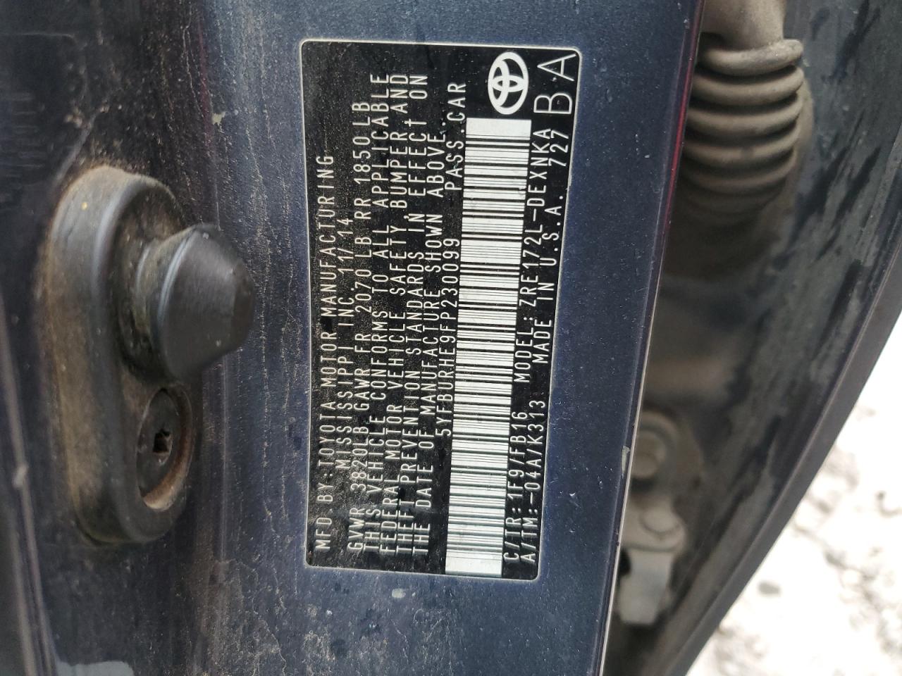 5YFBURHE9FP230099 2015 Toyota Corolla L