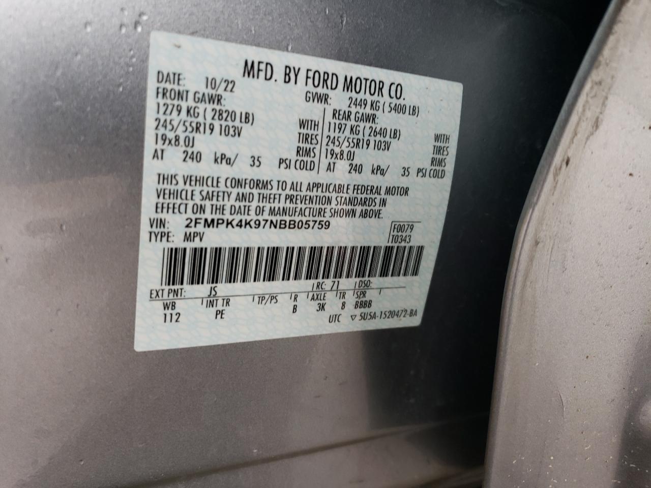 2FMPK4K97NBB05759 2022 Ford Edge Titanium