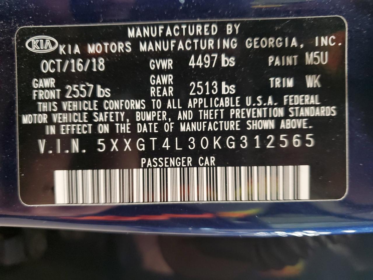 5XXGT4L30KG312565 2019 Kia Optima Lx