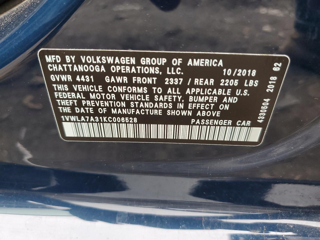 1VWLA7A31KC006528 2019 Volkswagen Passat Wolfsburg