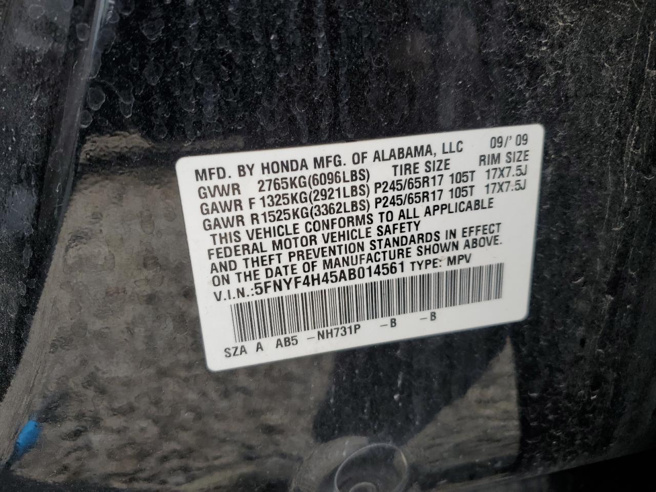 5FNYF4H45AB014561 2010 Honda Pilot Ex