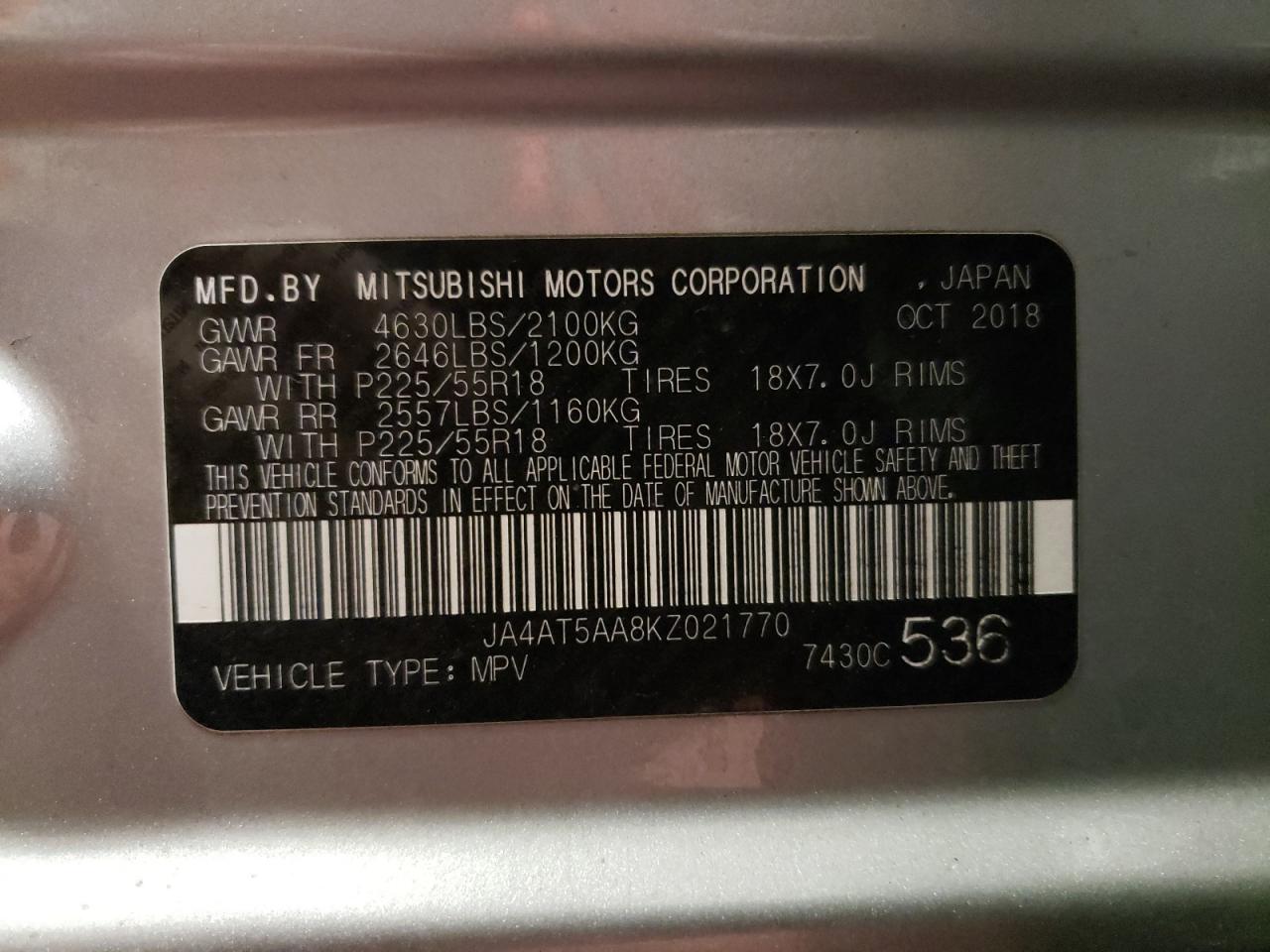 2019 Mitsubishi Eclipse Cr 1.5L(VIN: JA4AT5AA8KZ021770