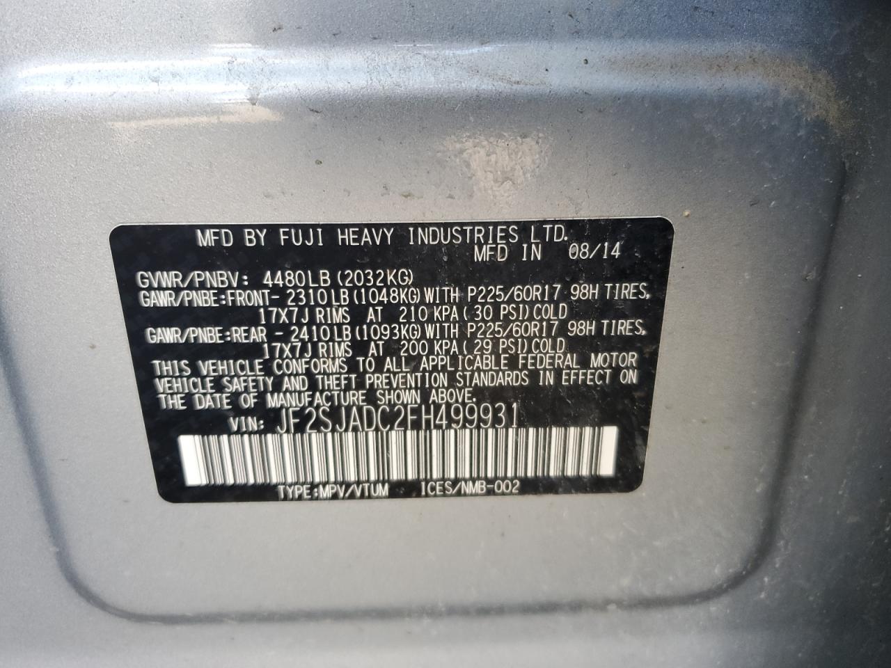 JF2SJADC2FH499931 2015 Subaru Forester 2.5I Premium