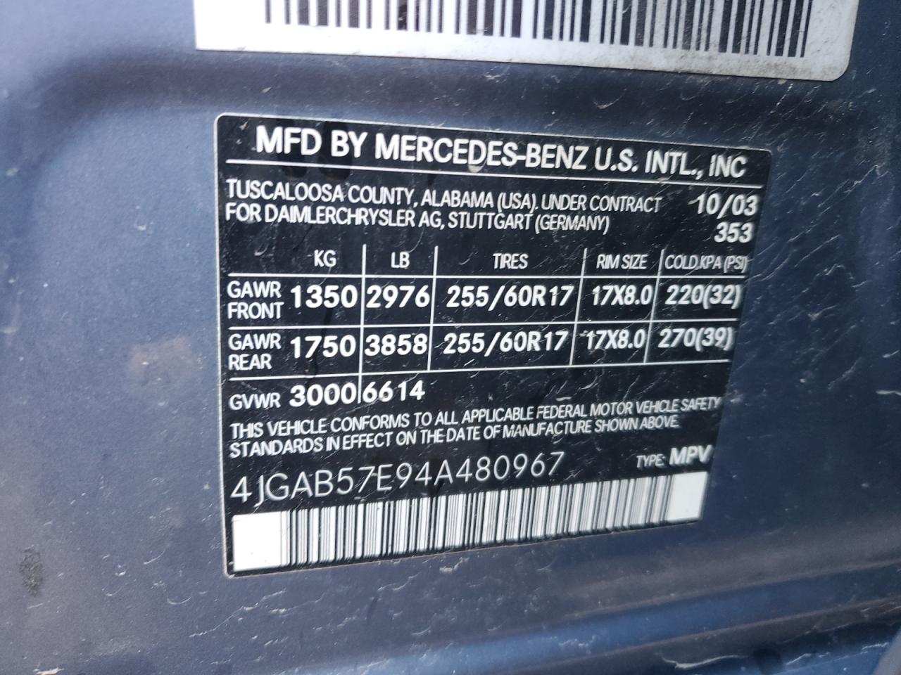 4JGAB57E94A480967 2004 Mercedes-Benz Ml 350