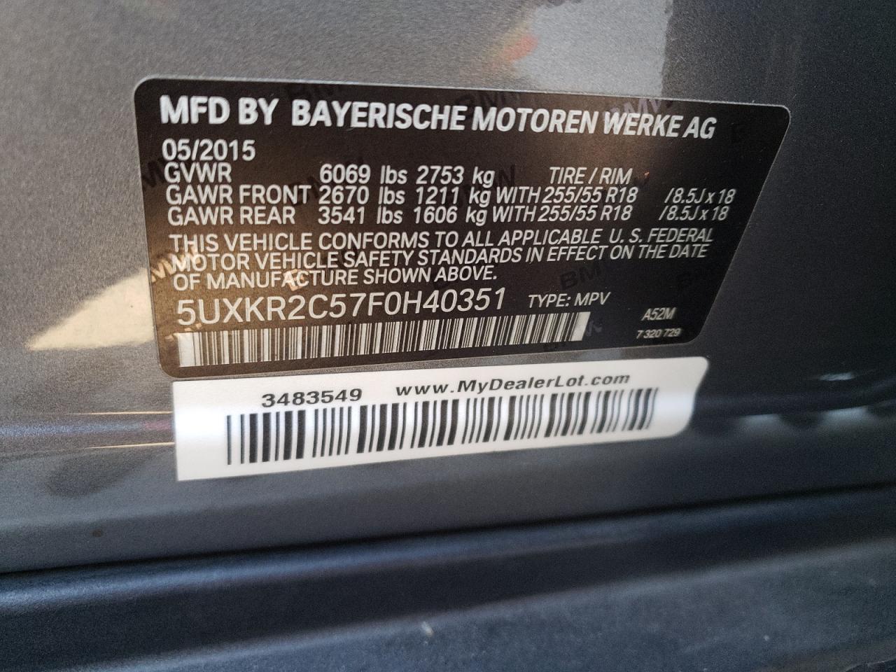 Lot #2500965576 2015 BMW X5 SDRIVE3