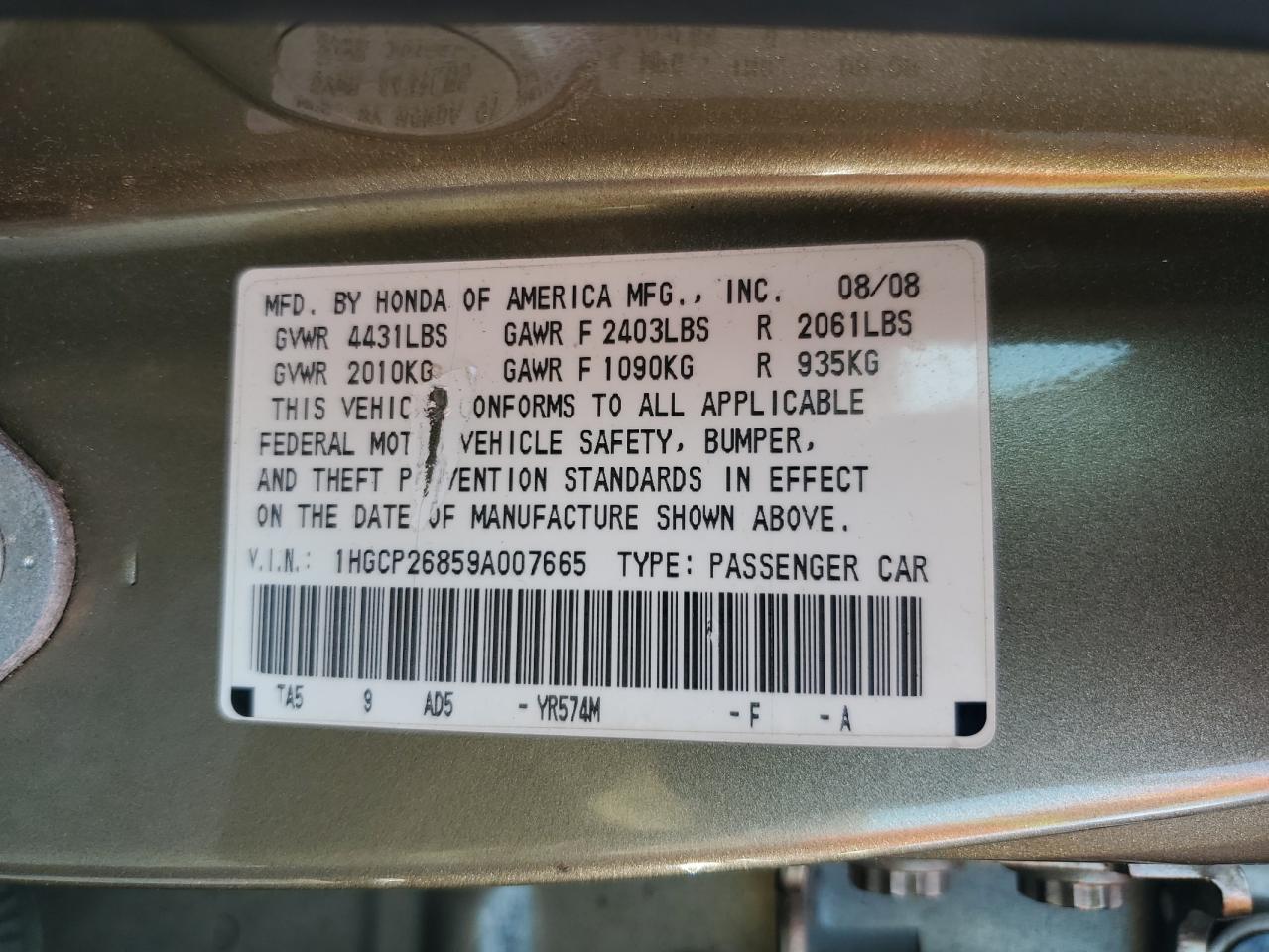 1HGCP26859A007665 2009 Honda Accord Exl