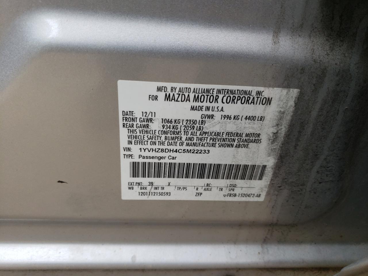 1YVHZ8DH4C5M22233 2012 Mazda 6 I