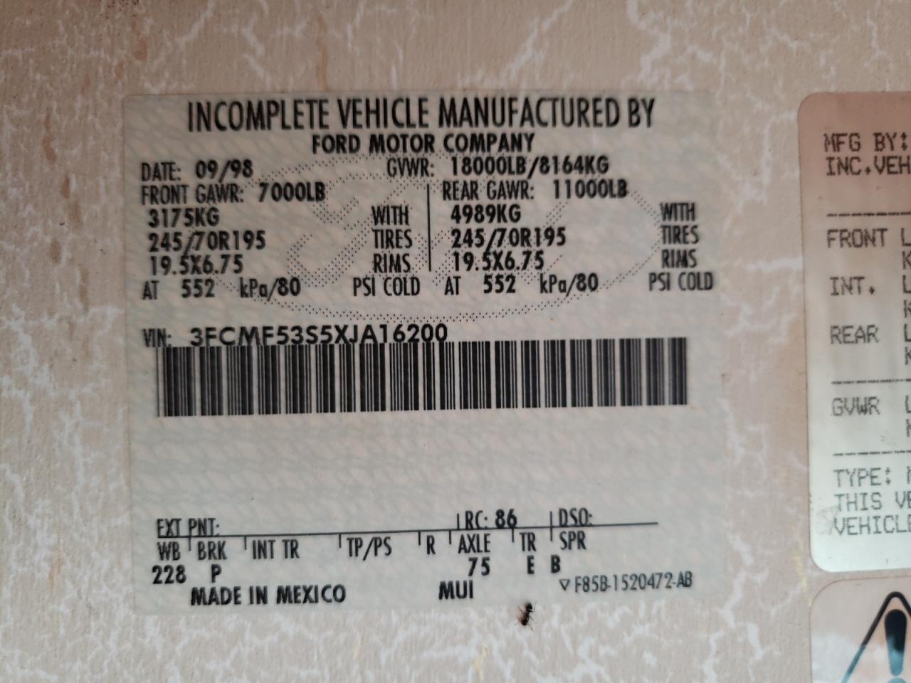 3FCMF53S5XJA16200 1999 Ford F550 Super Duty Stripped Chassis