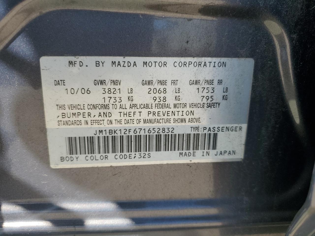 JM1BK12F671652832 2007 Mazda 3 I