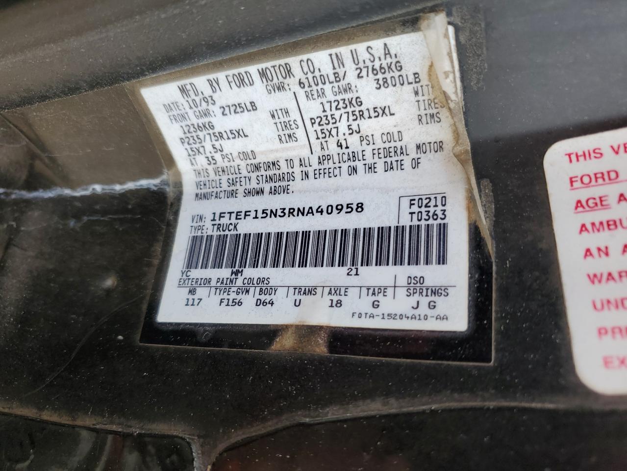 1FTEF15N3RNA40958 1994 Ford F150