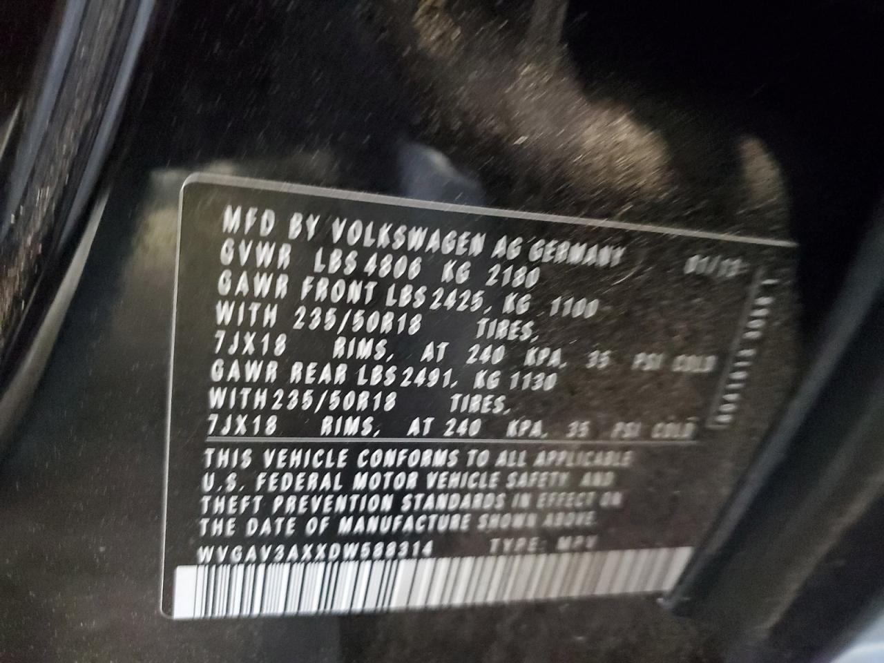 WVGAV3AXXDW588314 2013 Volkswagen Tiguan S