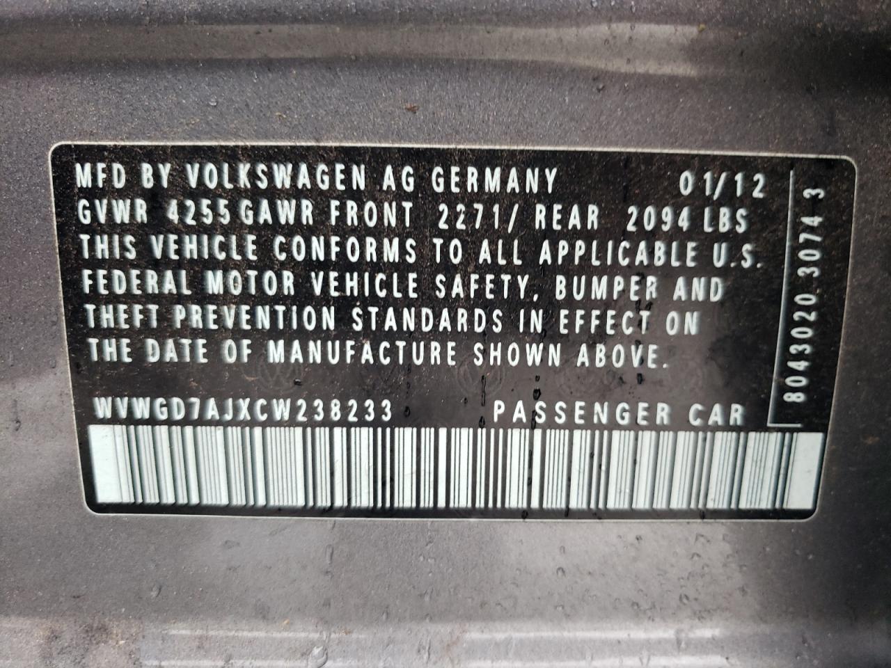 WVWGD7AJXCW238233 2012 Volkswagen Gti