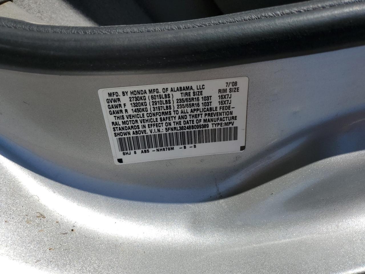 5FNRL38248B099389 2008 Honda Odyssey Lx