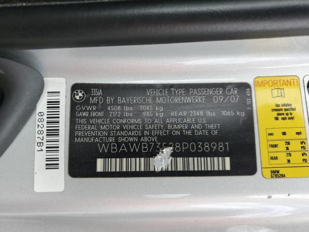 2008 BMW 335 I VIN: WBAWB73528P038981 Lot: 51292874