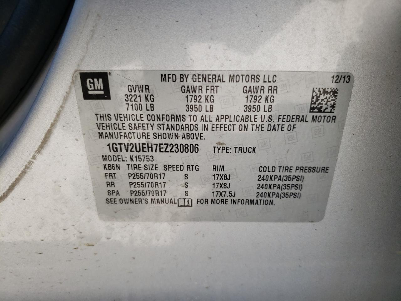 1GTV2UEH7EZ230806 2014 GMC Sierra K1500 Sle