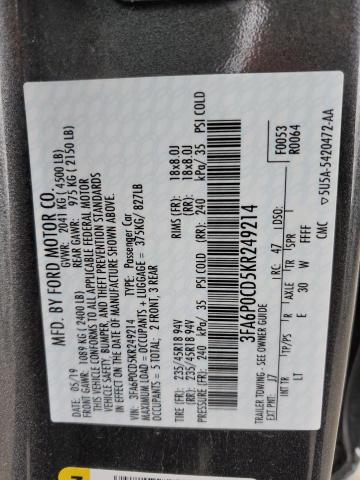 VIN 3FA6P0CD5KR249214 2019 Ford Fusion, Sel no.12