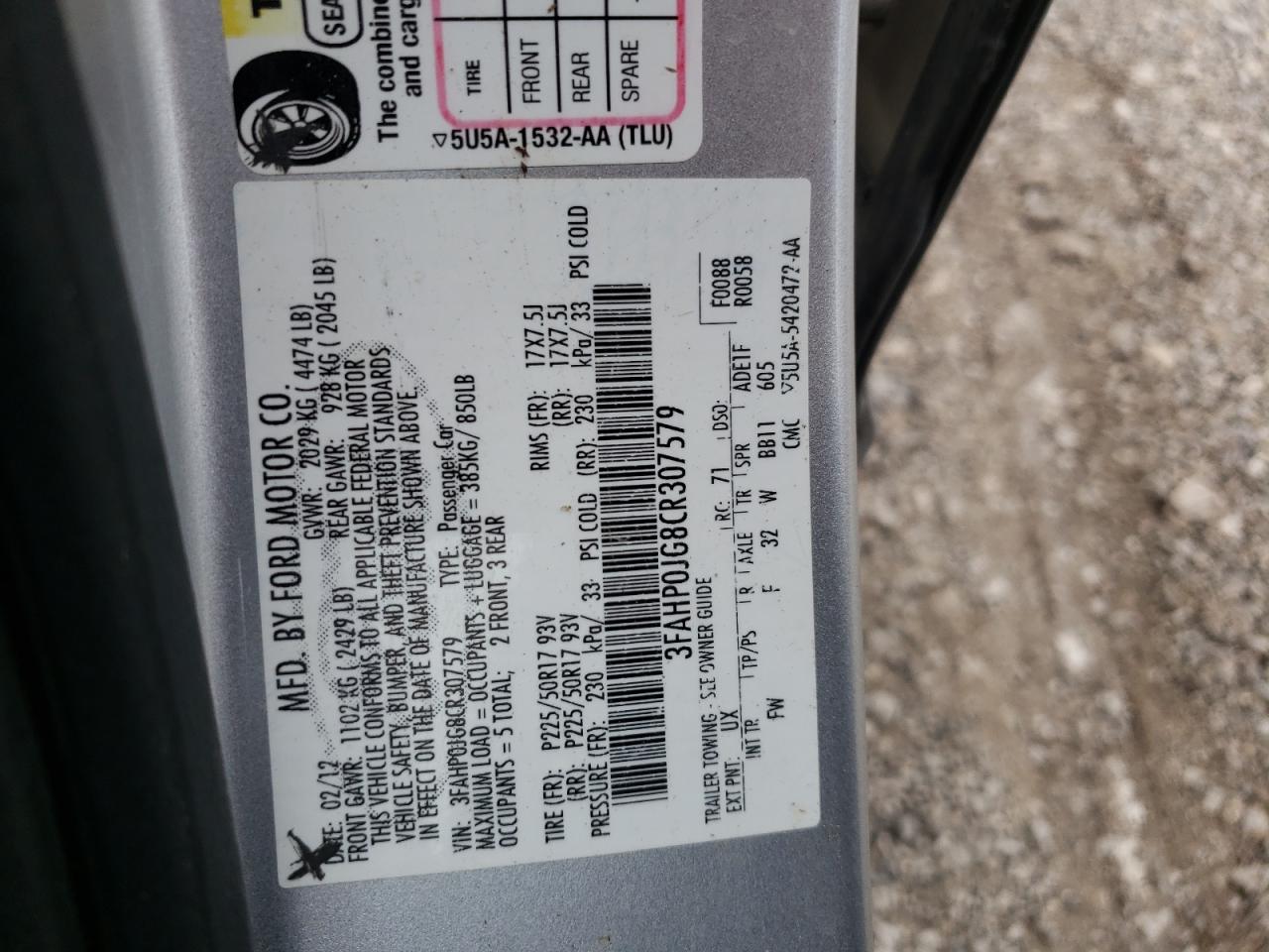 3FAHP0JG8CR307579 2012 Ford Fusion Sel