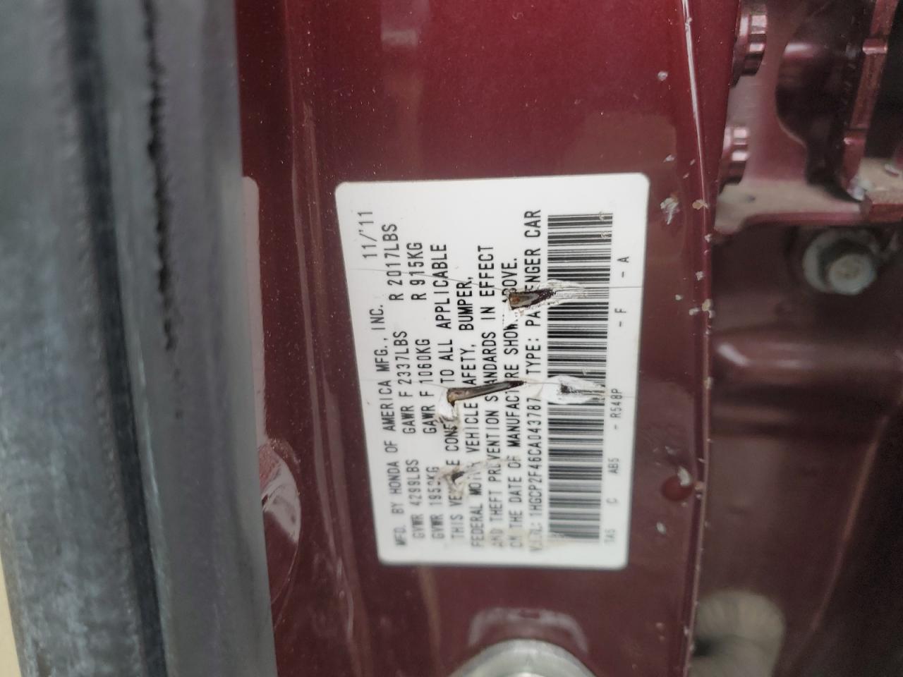 1HGCP2F46CA043787 2012 Honda Accord Lxp