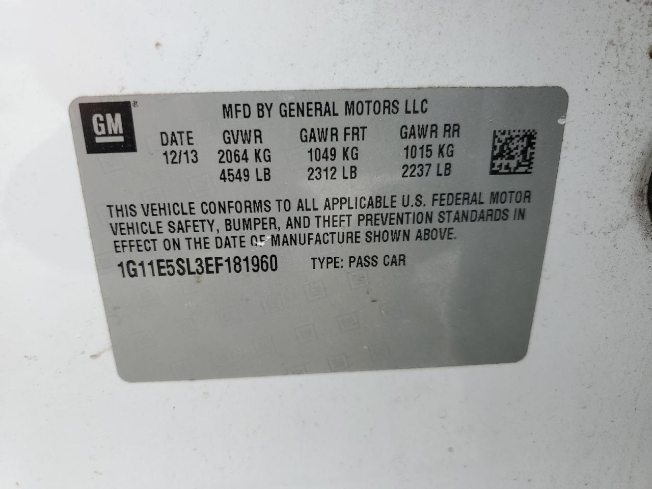 1G11E5SL3EF181960 2014 Chevrolet Malibu 2Lt