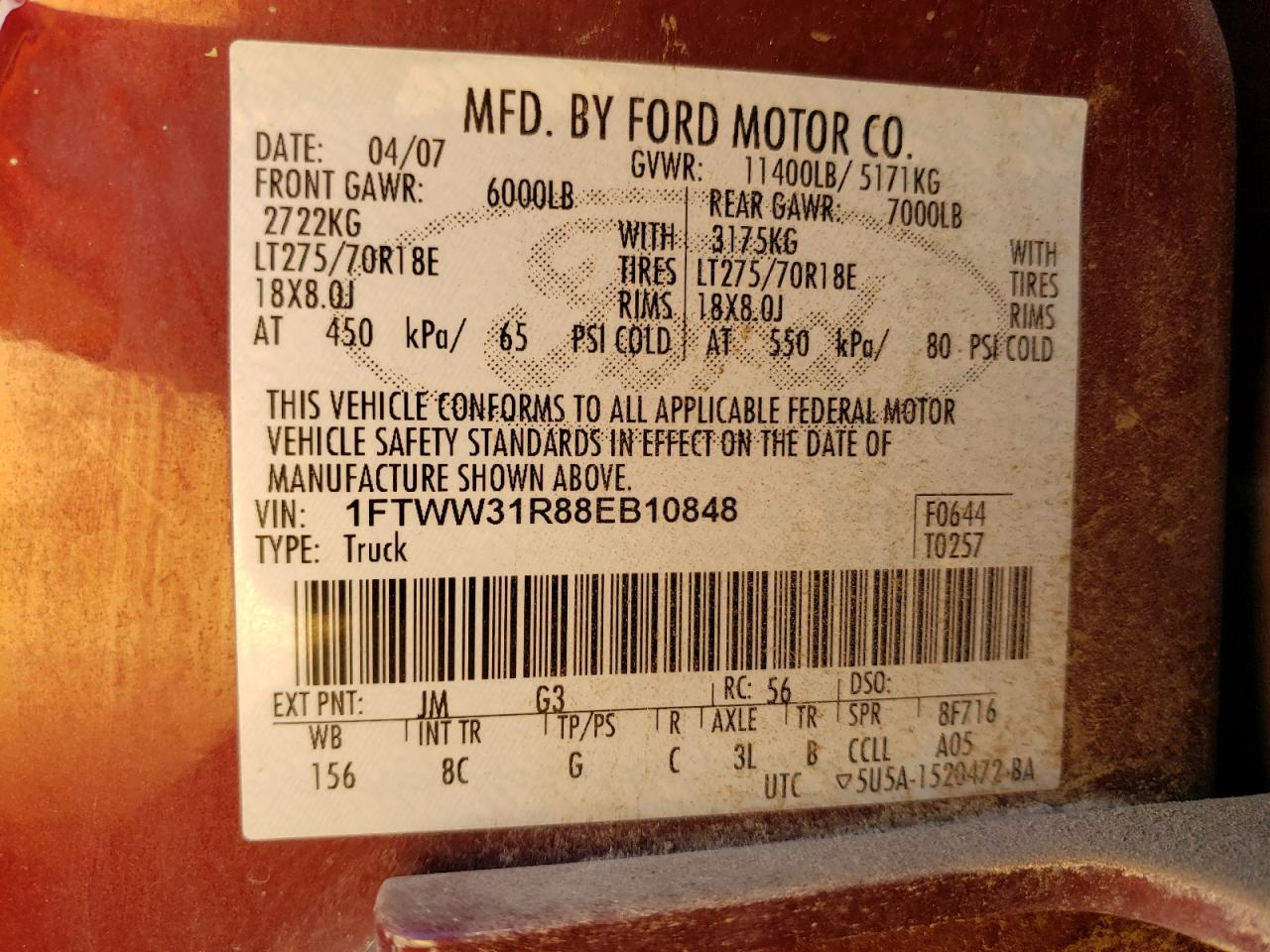 1FTWW31R88EB10848 2008 Ford F350 Srw Super Duty