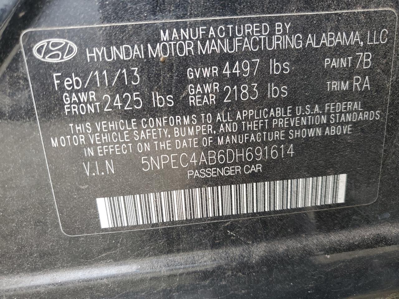 5NPEC4AB6DH691614 2013 Hyundai Sonata Se