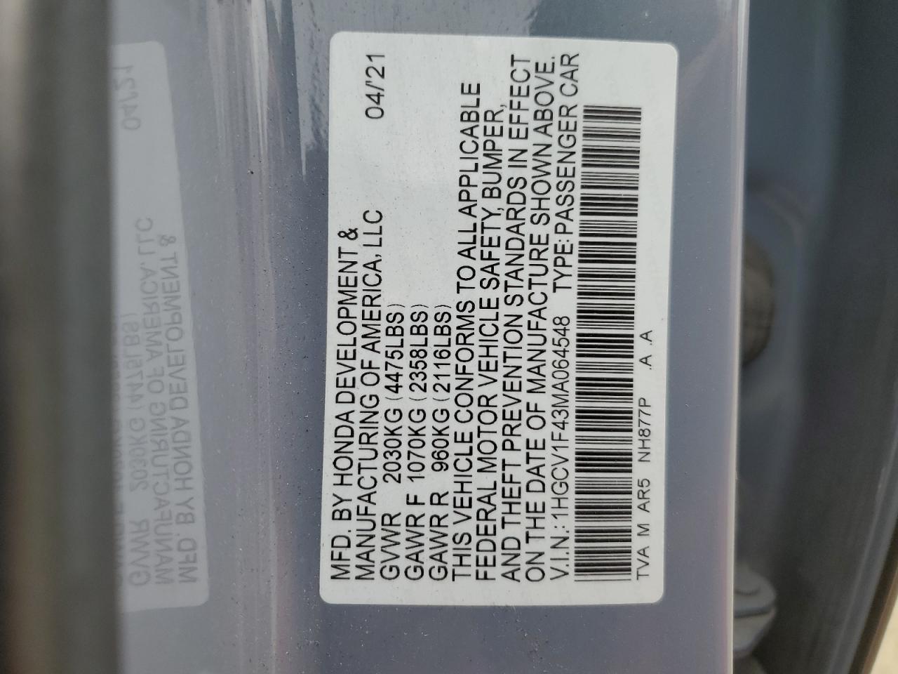 1HGCV1F43MA064548 2021 Honda Accord Sport Se