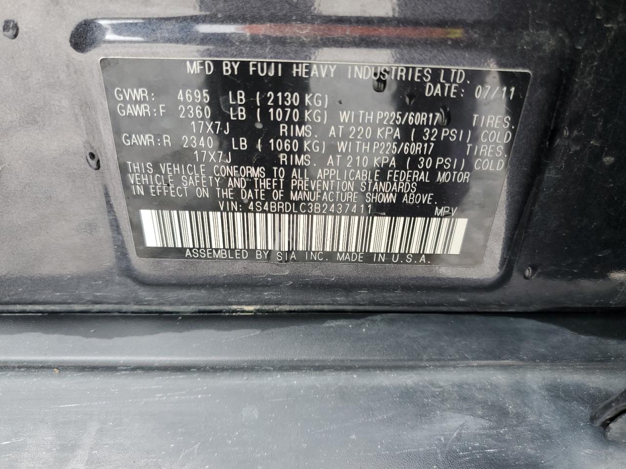 4S4BRDLC3B2437411 2011 Subaru Outback 3.6R Limited