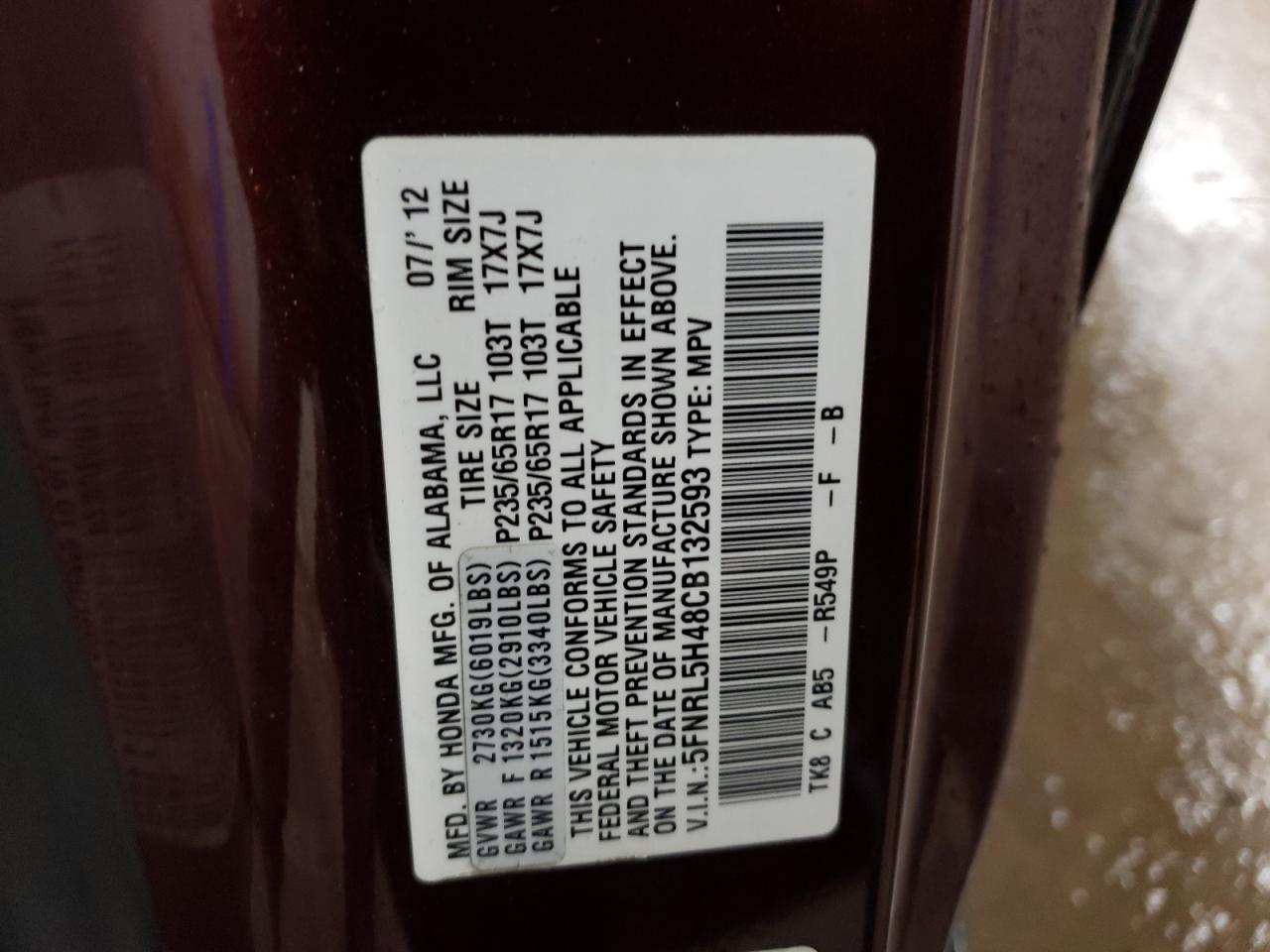 5FNRL5H48CB132593 2012 Honda Odyssey Ex
