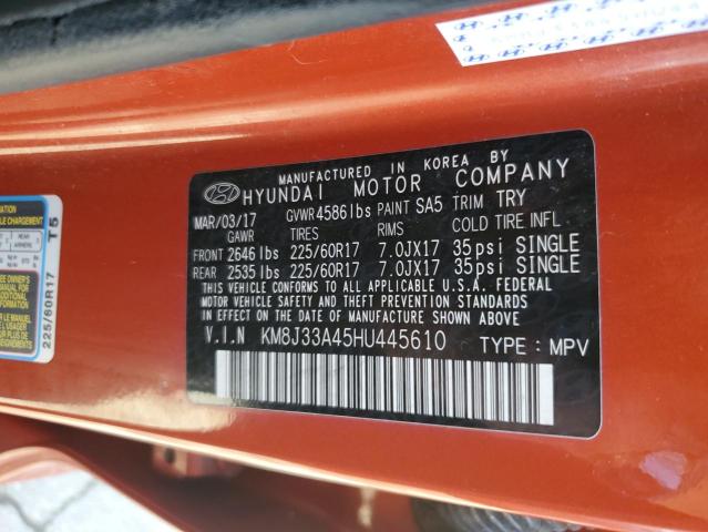 2017 Hyundai Tucson Limited VIN: KM8J33A45HU445610 Lot: 52835534