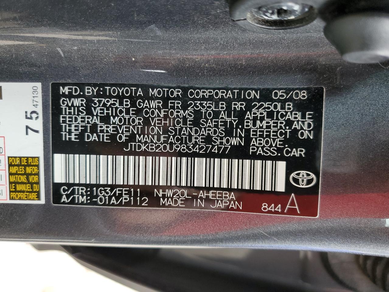 JTDKB20U983427477 2008 Toyota Prius