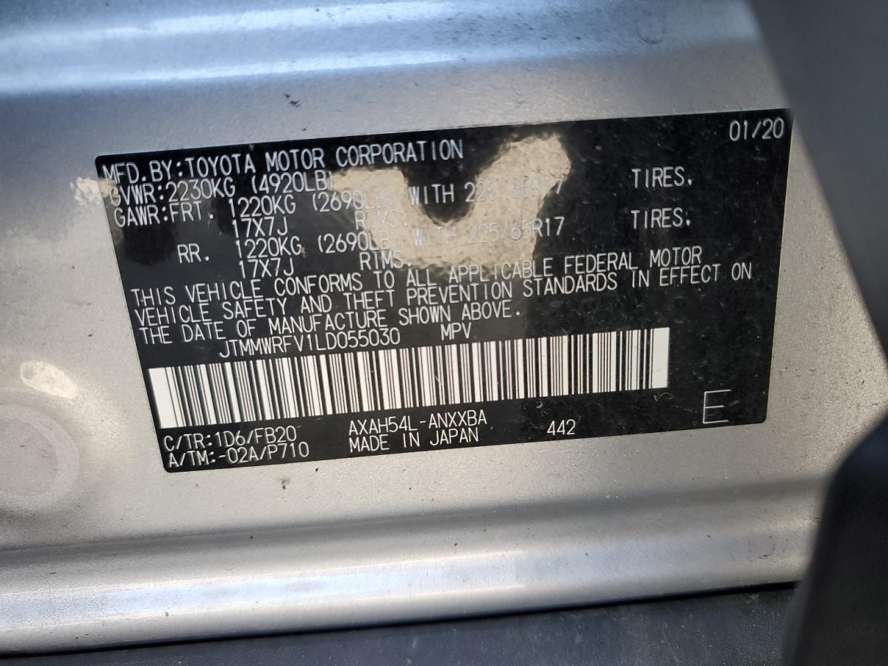 JTMMWRFV1LD055030 2020 Toyota Rav4 Le