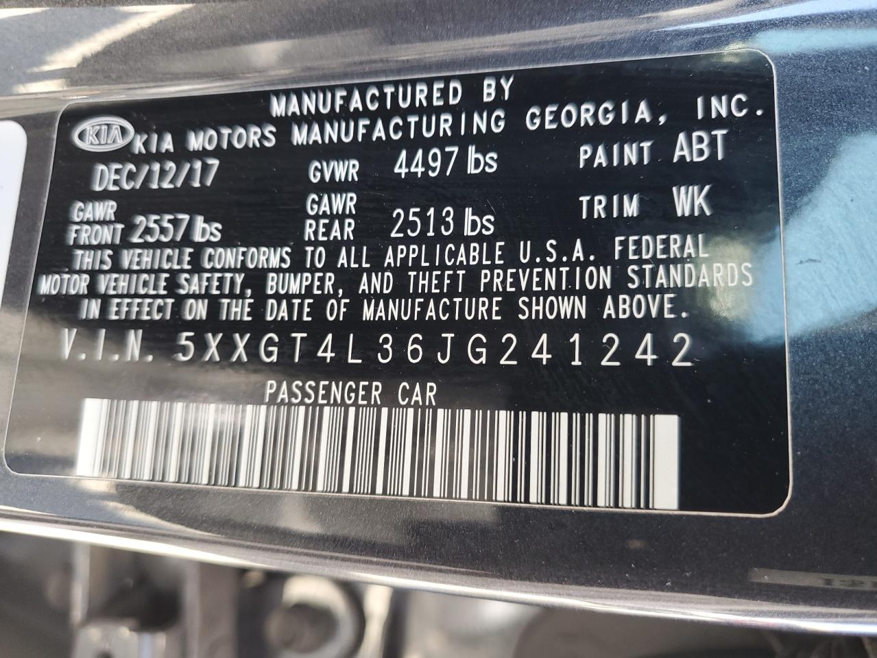 5XXGT4L36JG241242 2018 Kia Optima Lx