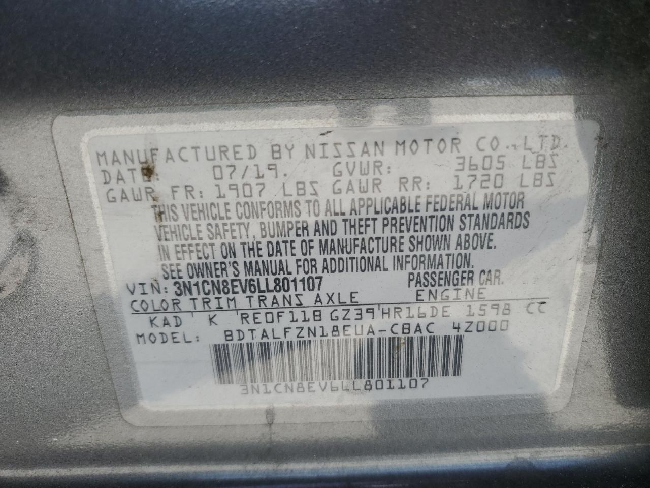 3N1CN8EV6LL801107 2020 Nissan Versa Sv