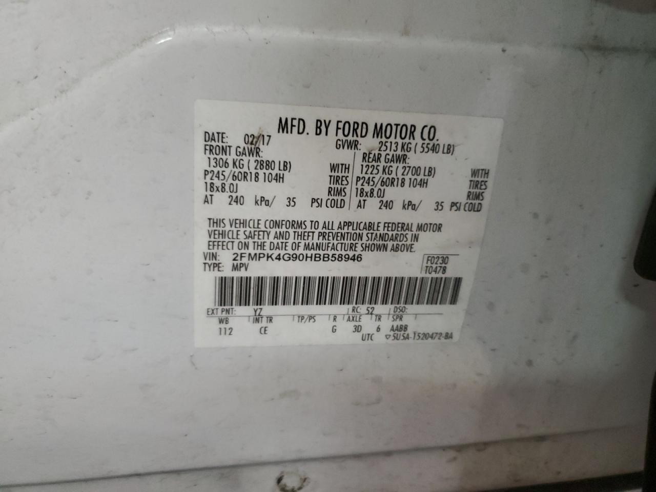 2FMPK4G90HBB58946 2017 Ford Edge Se