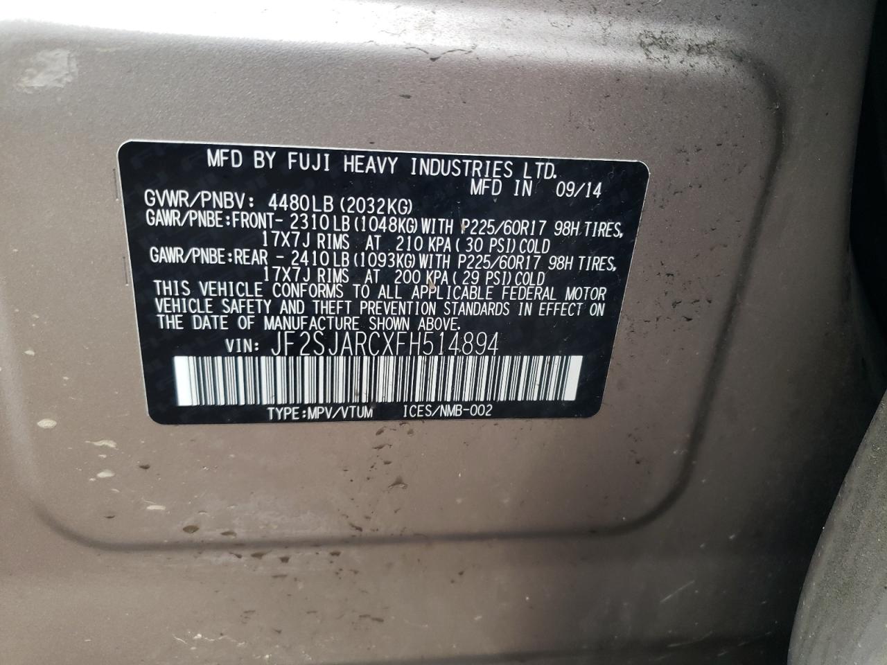 JF2SJARCXFH514894 2015 Subaru Forester 2.5I Limited