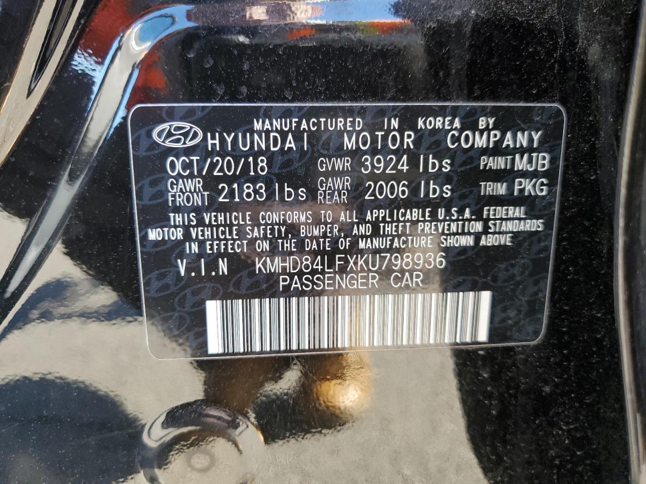 KMHD84LFXKU798936 2019 Hyundai Elantra Sel