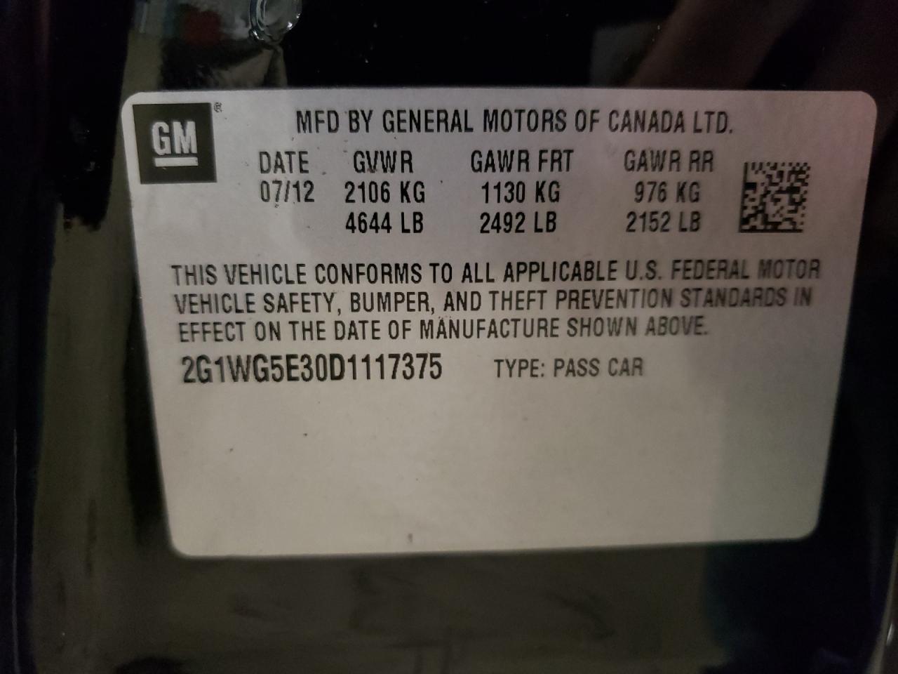 2G1WG5E30D1117375 2013 Chevrolet Impala Lt